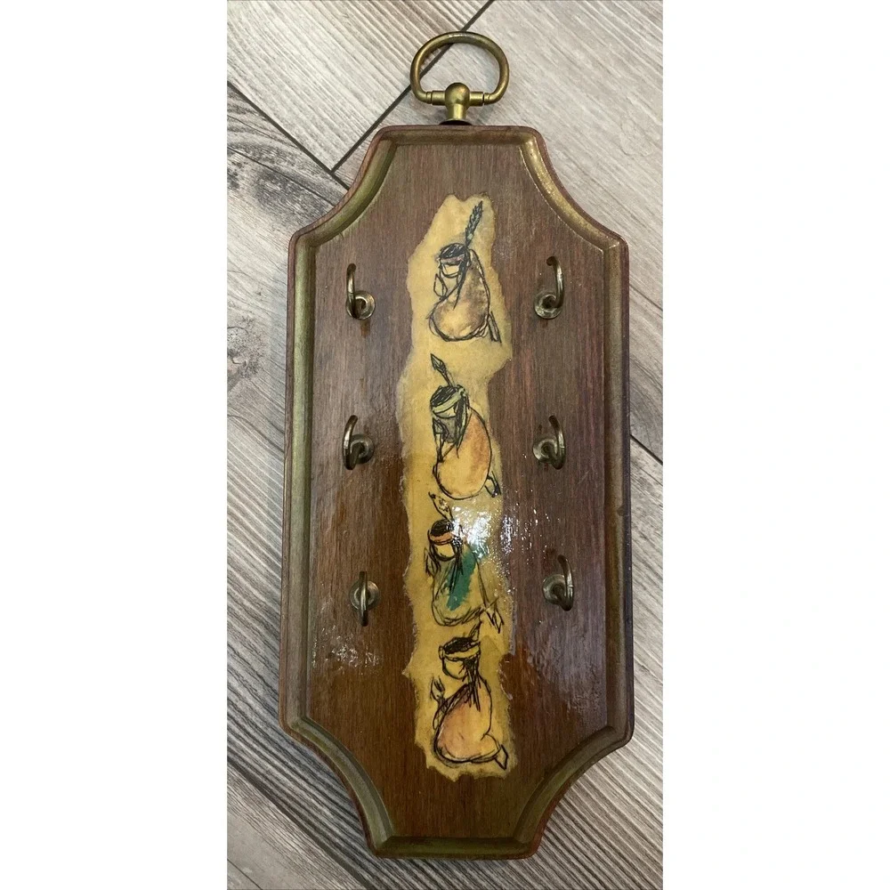 Vintage Wooden Key Hanger Holder 6 Hook Wall Decor--Indian Theme‎
